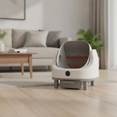 Bac à litière autonettoyant blanc auto-nettoyant à couvercle ouvert avec télécommande pour animaux de compagnie