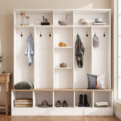 Grand porte-manteau avec banc de rangement ; meuble à chaussures simple avec compartiments et étagères cubiques ; porte-manteau multifonctionnel à 8 crochets, idéal pour les entrées et les vestibules, blanc