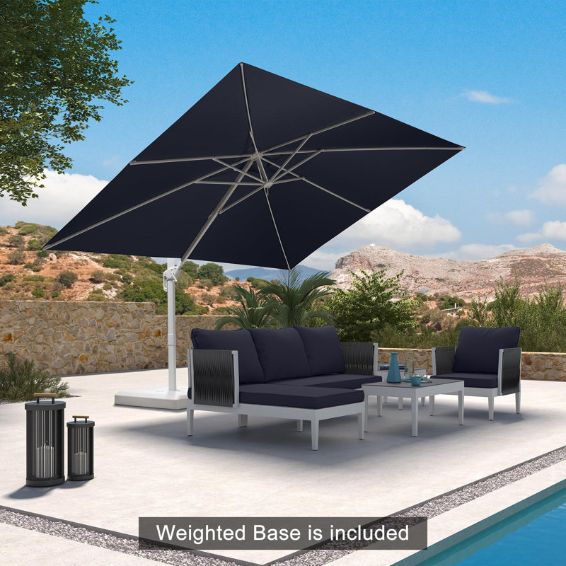 Parasol extérieur gris rectangulaire en porte-à-faux 108 po x 138 po avec base et rotation à 360 degrés