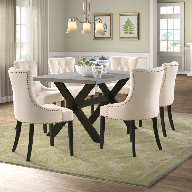 7 Piece Modern Dining Table Set Consist of a Rectangle Wooden Table with X-Legs and 6 Light Beige Linen Fabric Upholstered Chairs, Wire brushed Black