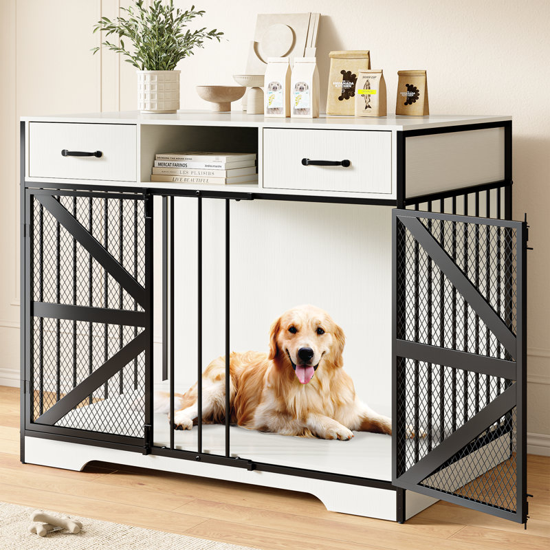  Farmhouse Dog Crate Console Table Furniture with Storage Drawers, Wooden Indoor Kennel Console Table with Double Doors & Secure Latch