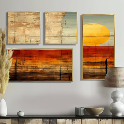 Nostalgie au coucher du soleil, pleine lune levante - art mural sur toile géométrique abstrait 4 pièces