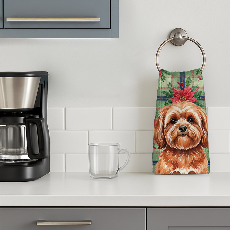 Red Lhasa Apso Christmas PoinsettIas Kitchen Towel, Red Lhasa Apso