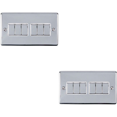 2 PACK 6 Gang Metal Multi Light Switch SATIN STEEL 2 Way 10A White Trim