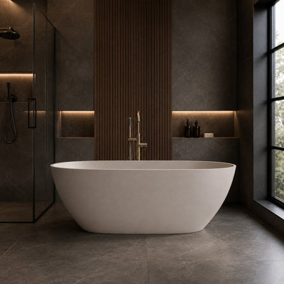 61" x 30.7" Oval Resin Stone Freestanding Soaking Bathtub with Drain in Beige