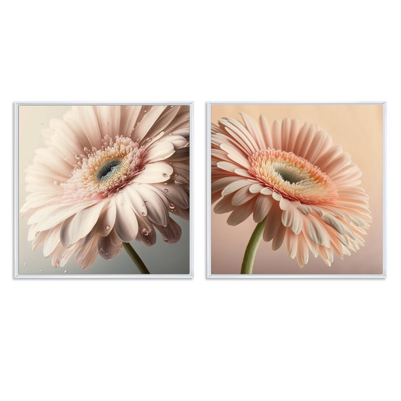 Gerbera rose - Collage de marguerites carrées, H 16 po x l 33 po, Cadre flottant blanc