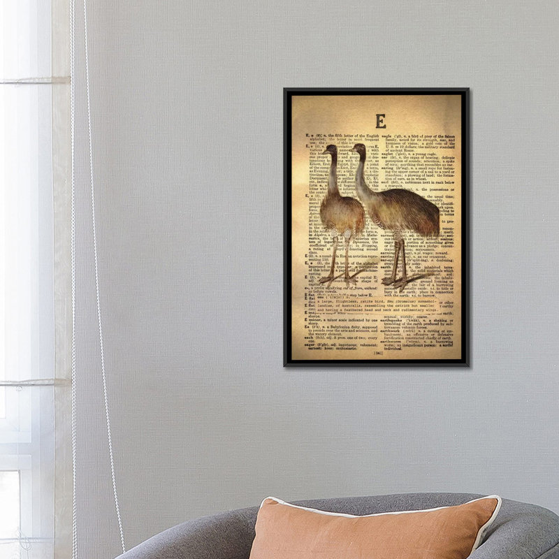 «E - Emu», impression sur toile tendue, H 26 po x l 18 po x P 1,5 po, Toile avec cadre flottant noir, Pas de tapis