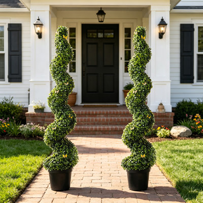 Topiaires de buis artificiels en spirale, lot de 2 plantes vertes artificielles de 1,5 m résistantes aux UV pour la décoration intérieure et extérieure
