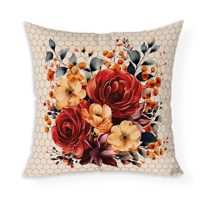 Coussin décoratif intérieur / extérieur Petal Poetry Honeycomb, H 16 po x l 16 po, Rouge / Orange