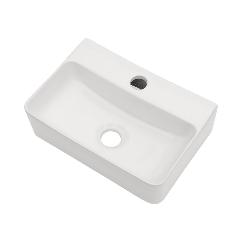 Lavabo mural rectangulaire en céramique blanche de 37 x 25 cm, lavabo suspendu compact avec un seul trou de robinetterie, bonde de 4,5 cm, hauteur de 10,7 cm, pour petites salles de bain et salles d'eau.
