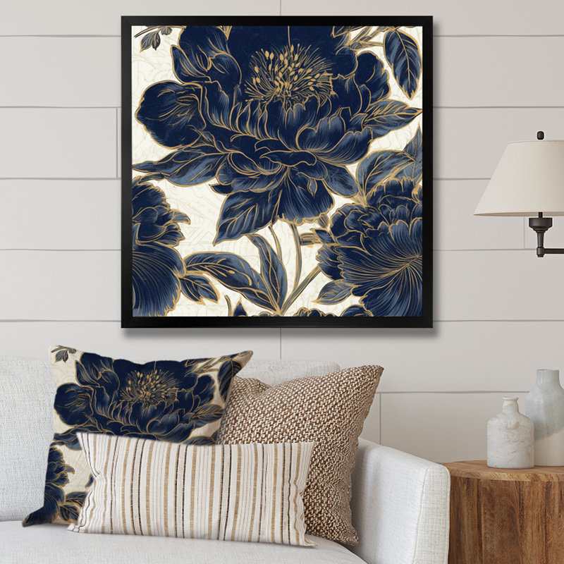 Blue Gold Peony Celebration VI, reproduction d'art sur toile, Cadre photo noir, H 16 po x l 16 po x P 1 po