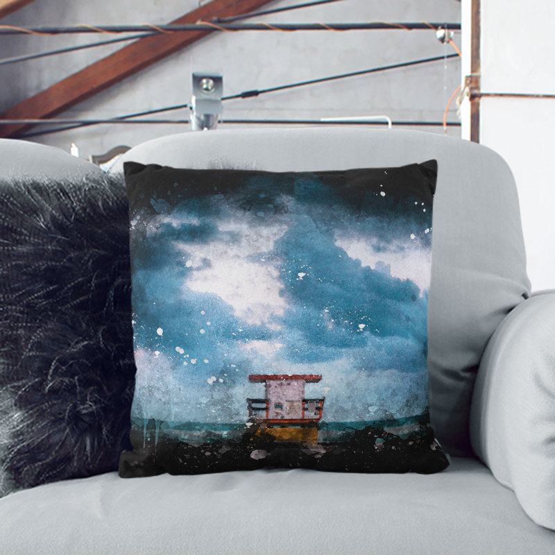 Lifeguard Hut on Miami Beach Florida Paint Splash Cushion with Filling, 55cm H x 55cm W x 20cm D, White