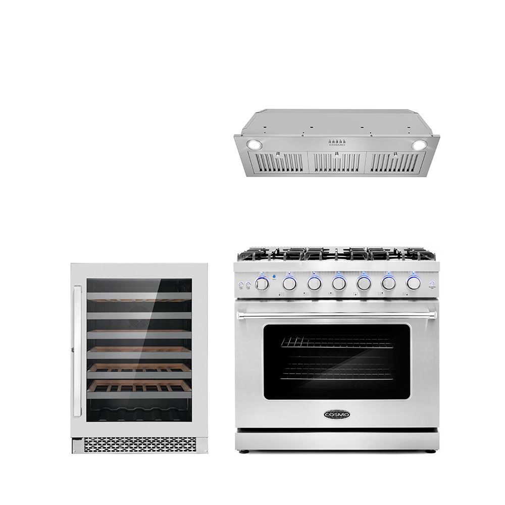 Cosmo 3 Piece Kitchen Appliance Package with 36'' Gas Freestanding Range , Insert Range Hood , and Wine Refrigerator Cosmo