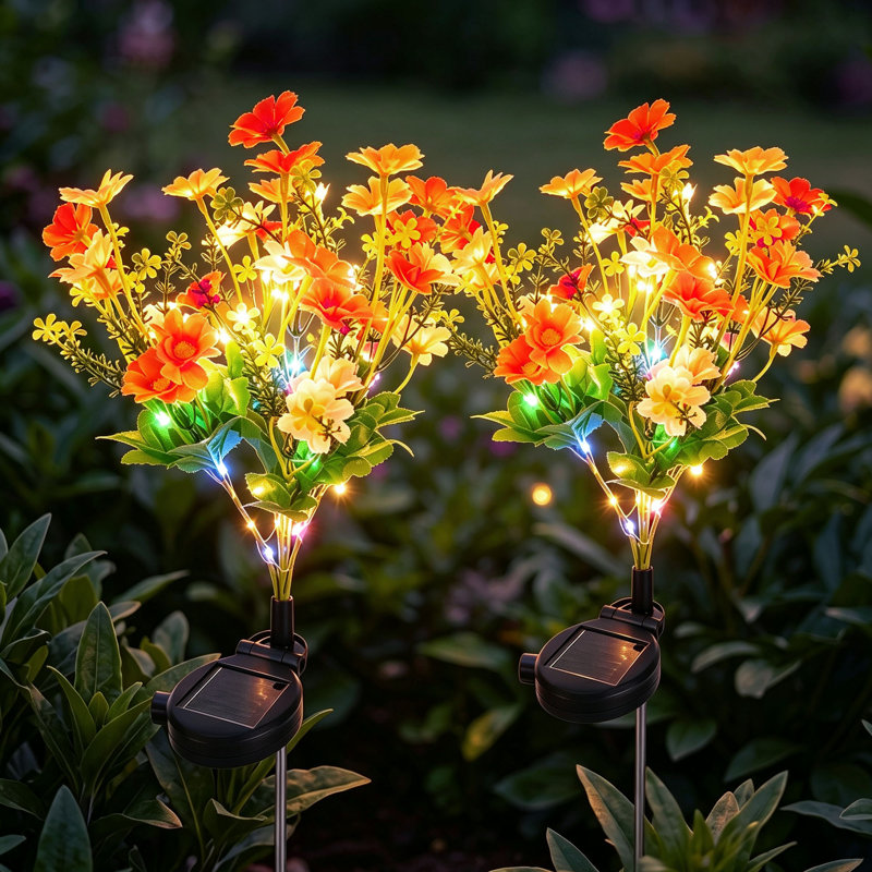 Solar Powered Flower Stake Lights, Waterproof LED Garden Lawn Decor Lights, Set of 2, Yellow