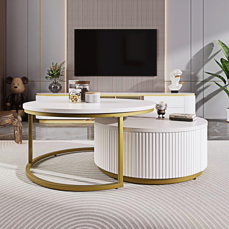 Table basse ronde gigogne avec tiroir, Blanc