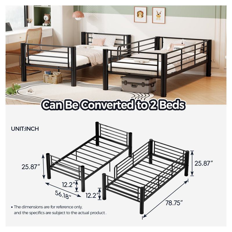 Lit superposé en métal, convertible en deux lits séparés, capacité de poids d'un lit superposé de plus de 330 lb, rangement sous le lit, noir. - 78,75 * 41,7 * 67,38 pouces - Métal - 1 pièce - Lit superposé - Noir - Design convertible