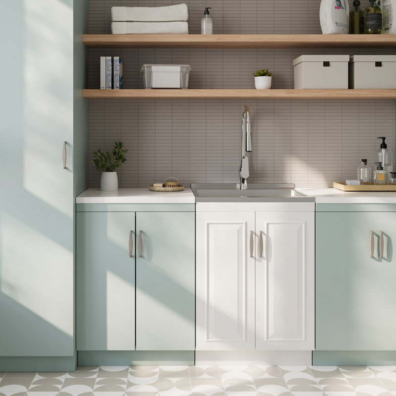 Darwin - Armoire de buanderie de luxe 24 "avec robinet coulissant et évier en acier inoxydable - Blanc, 24"