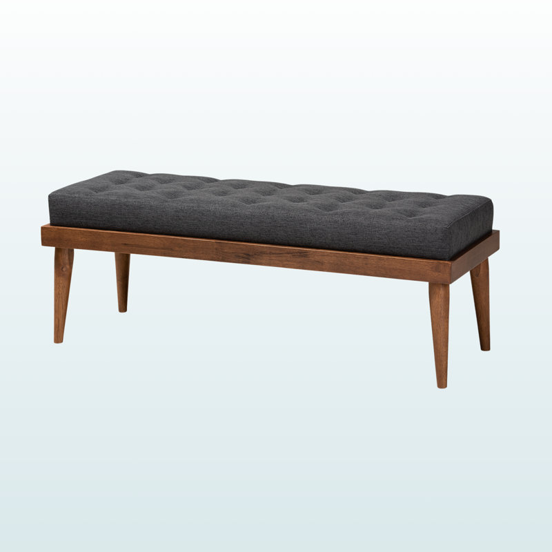 Flynn Dark Grey Fabric Upholstered Button Tufted Wood Bench, 17.2" H X 47.02" W X 17.37" D