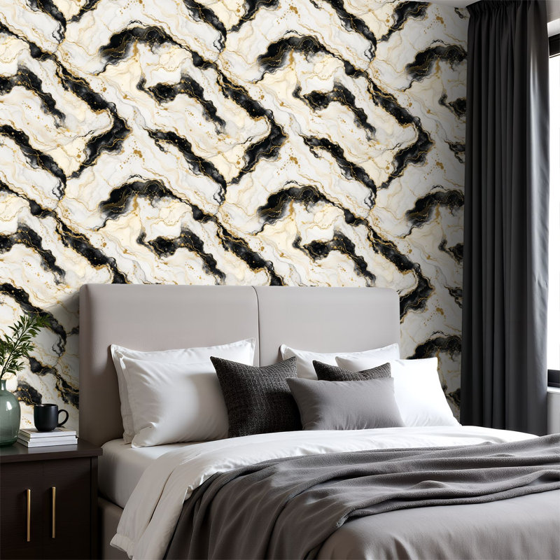 Rouleau de papier peint adhésif amovible à motif abstrait marbré noir et blanc Marbre doré et veines marbrées l 23,6 po x H 118 po