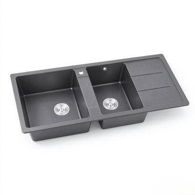Graphite Grey Quartz Composite Double Bowl Drop-In Kitchen Sink with Integrated Drainboard