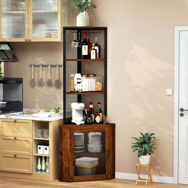 Tablette de coin rustique 65 po avec portes, étagères de rangement à 6 niveaux et fabrication rustique, pour le salon, l'armoire de bureau, le porte-verre à vin, installation facile, pièce