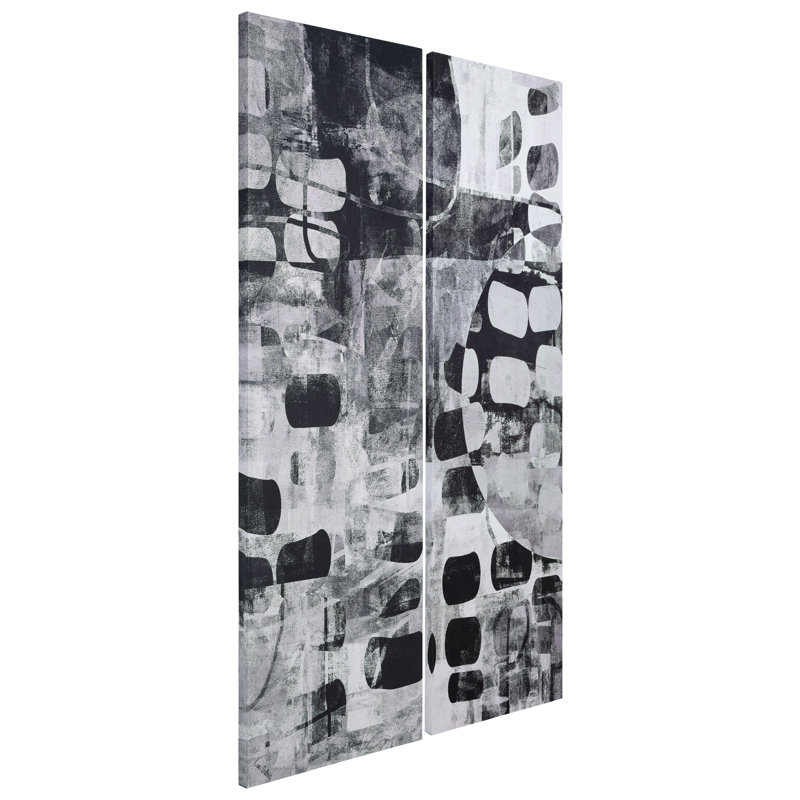"Monochromes abstraits I et II", art noir et blanc sur toile chagrin argentée, ensemble d'art mural