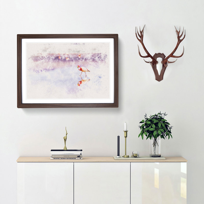 Flamingo Reflection - Picture Frame Painting Print, Walnut Framed, 40cm H x 60cm W x 2cm D