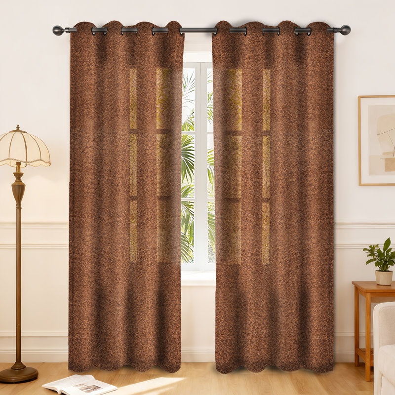 Weave Textured Cotton Linen Blend Grommet Semi Sheer Curtains, 52" W x 96" L, Rust Orange
