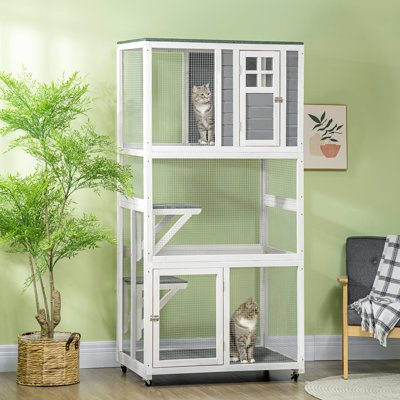 Maison d'extérieur pour chat de 74 po en bois et à roulettes, grande capacité pour chats félins énergiques, gris, bois, grands chats, couleur