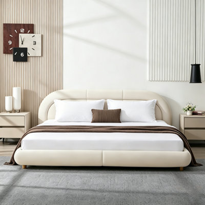 King Size,Modern Curved Upholstered Low Profile Platform Bed with Rounded Headboard(Velvet,Beige)