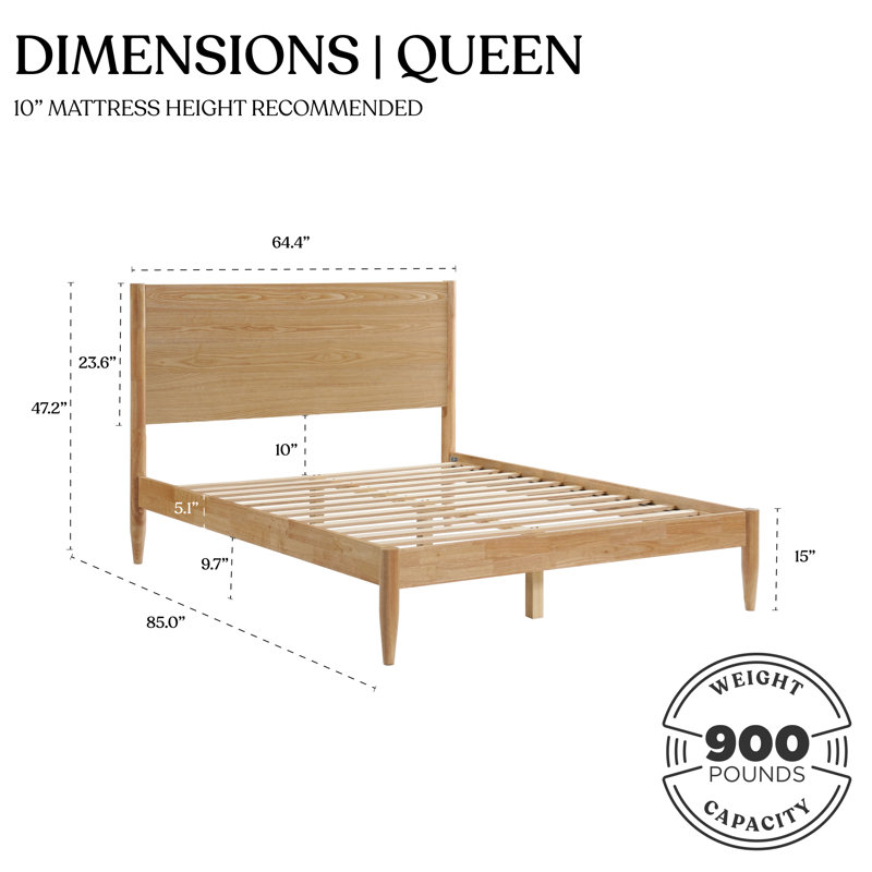 Besan Solid Wood Bed Frame with Headboard, Natural, Queen 