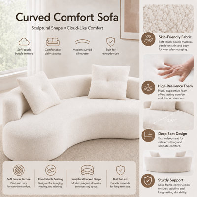 Luxury 80” Curved Loveseat Sofa, Chenille Curved Couch with 2 Big Pillows & Extra Wide Armrests, Comfy Upholstered Oversized Loveseat Couch & Sofa for Living Room (Beige, 80 Inches)