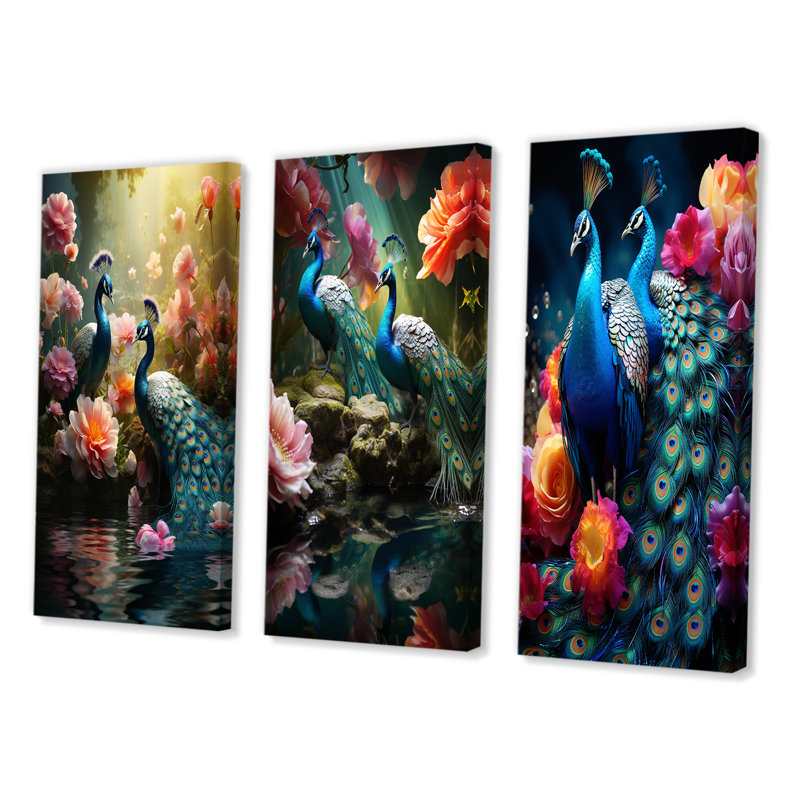 «Teal Coral Indian Art Dancing Peacocks», 3 pièces sur toile, Toile tendue, H 20 po x l 36 po