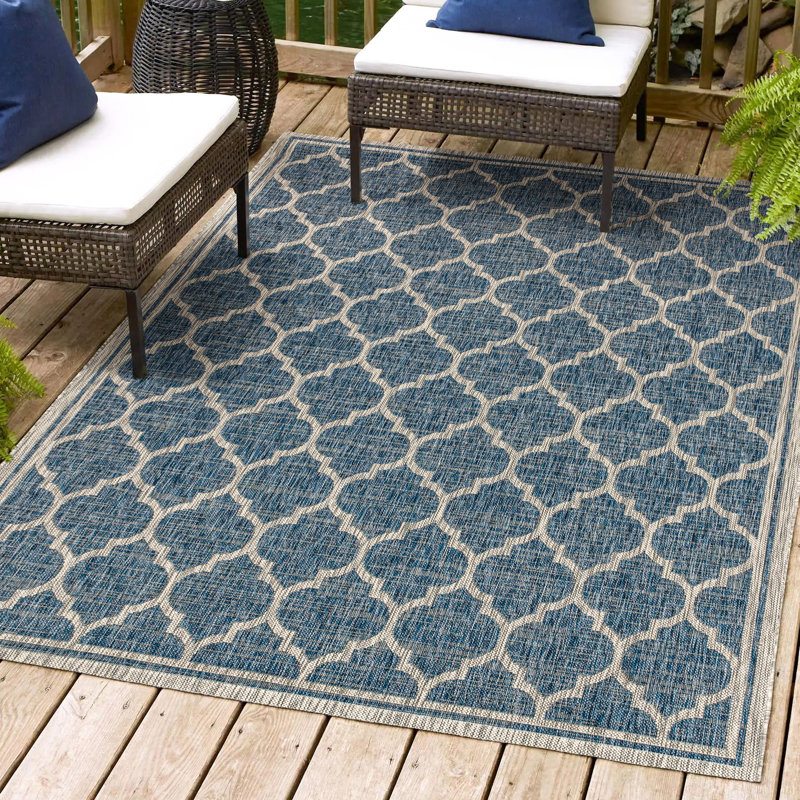 Tapis d'intérieur / extérieur bleu marine / gris Hague Moroccan Trellis, Rectangle 10 pi x 14 pi