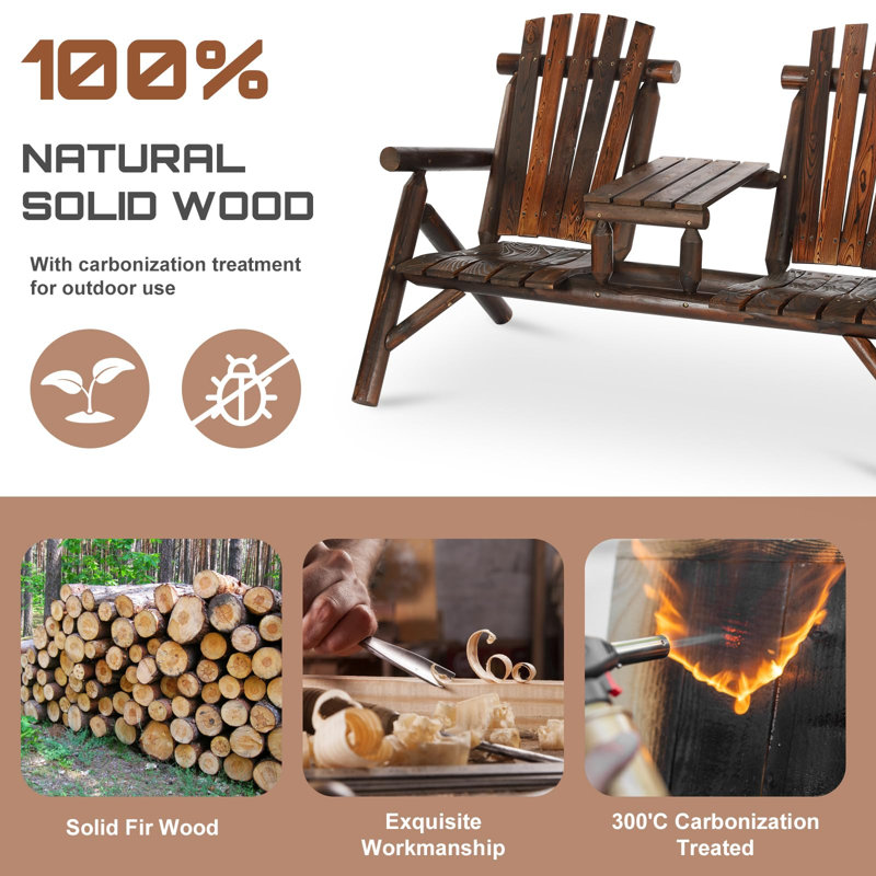 2-Seat Wooden Adirondack Chair, Outdoor Log Patio Loveseat With Built-In Table, Patio Bench Fire Pit Chair Porch Furniture Conversation Set For Deck Lawn Pool Backyard, Carbonized