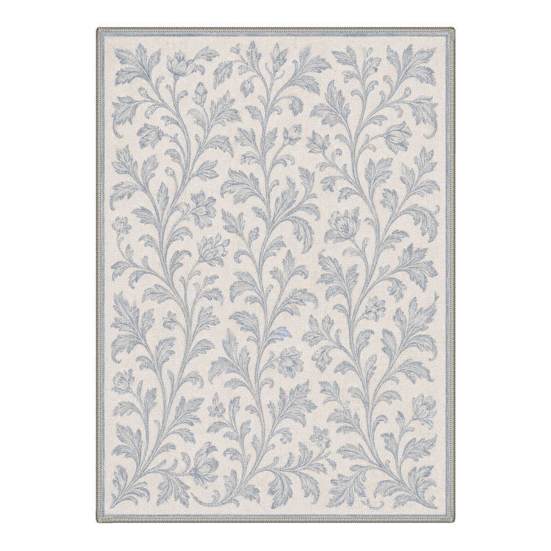 Tapis floral ivoire / bleu lavable à la machine avec envers antidérapant, Rectangle 6' x 9'