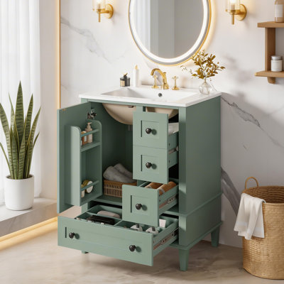 Meuble-lavabo de 24 po avec lavabo encastré en céramique, tablette à deux niveaux et tiroirs à fermeture en douceur