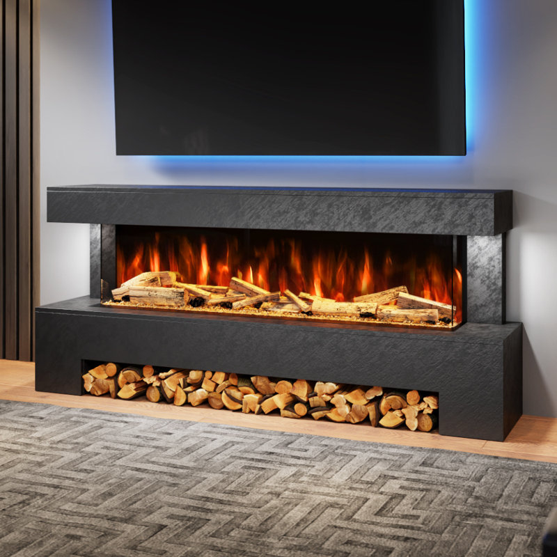 Evolution Fires Angelo Freestanding Electric Fireplace Suite | 1500mm 3-Sided LED Fire with Black Stone Effect | Ideal for Feature Walls