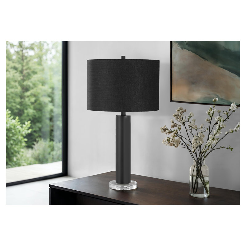 Lampe de table contemporaine en métal noir avec base en acrylique, abat-jour en lin ivoire H 27,5 po, éclairage à intensité variable à 3 voies pour le bureau de la chambre à coucher