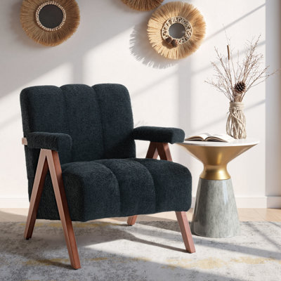 Mid Century Modern Accent Chair, Chenille Armchair With Solid Wood Legs, Channel Tufted Comfy Reading Chair For Living Room