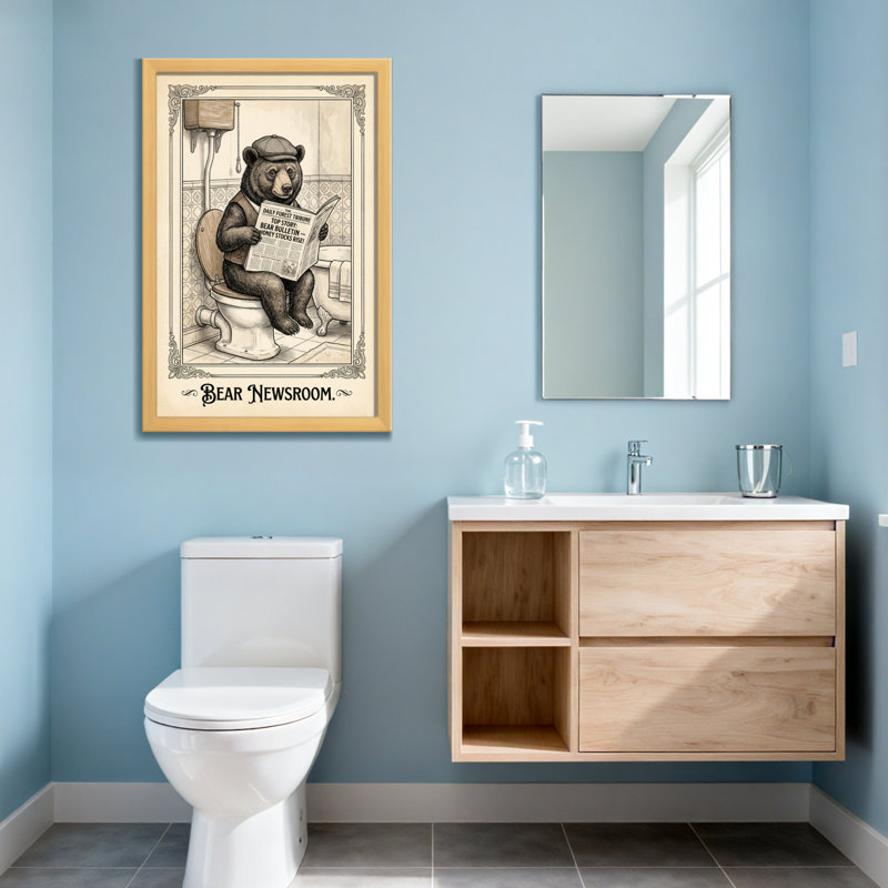 Bath & Laundry Bear lisant un journal dans une scène de salle de bain, H 36 po x l 24 po, Noir