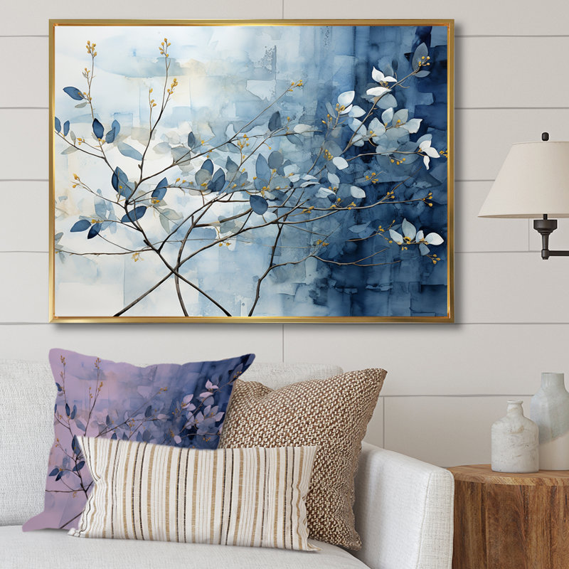 Art mural bleu et gris sur une branche I - Feuilles, H 34 po x l 44 po x P 1,5 po, Cadre flottant doré