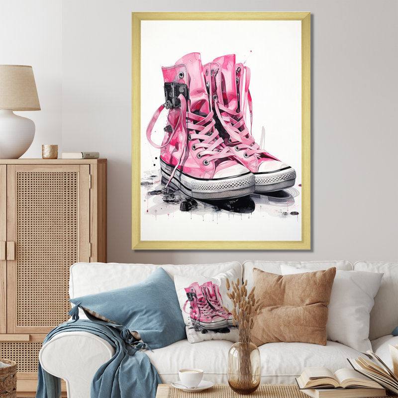 Chuk Fashion, rose, espadrilles roses, obsession III sur toile, H 20 po x l 12 po x P 1 po, Encadrement doré