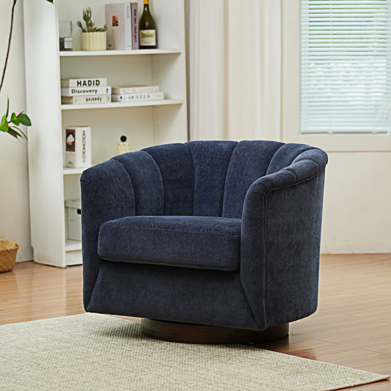 Fauteuil demi-tonneau pivotant moderne Wolle, Chenille bleue marine, Bois brun