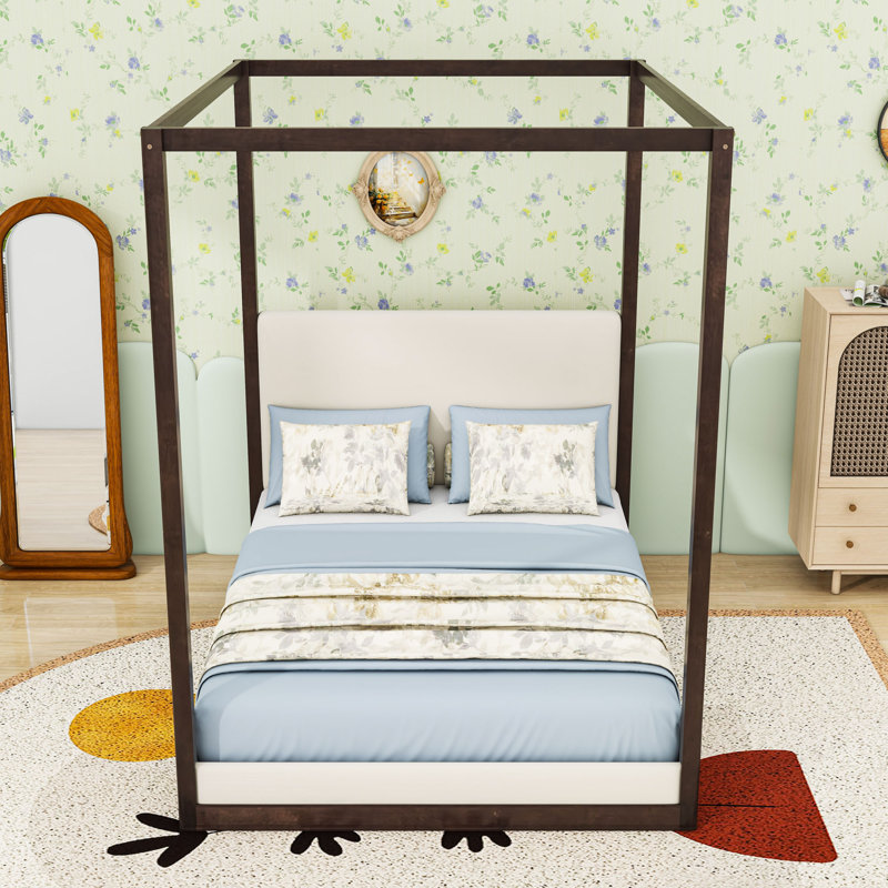 Lit plateforme à baldaquin en bois luxueux avec tête de lit tapissier et lattes, Espresso/White, Queen