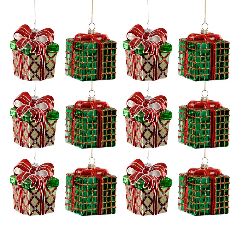 Boîte-cadeau de Noël en verre, décorations pour sapin, 2 modèles assortis, ensemble de 12