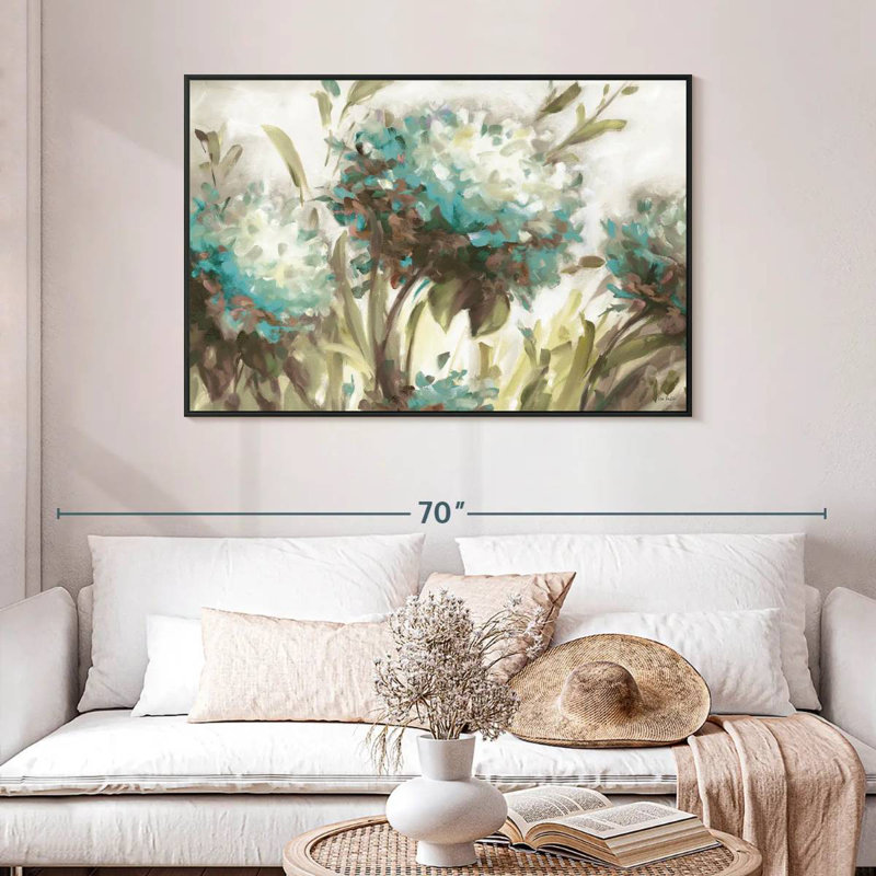 Hortensia champ neutre, 46 po x 31 po, Cadre flottant noir
