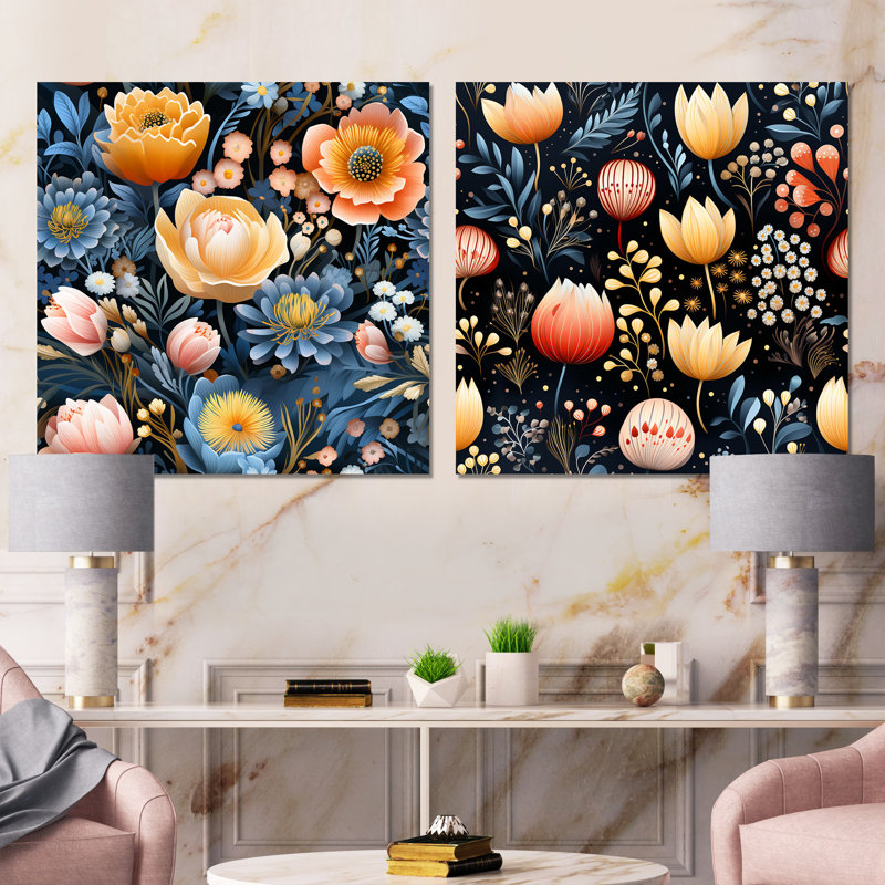 Francesca - Ensemble de 2 reproductions d'art murales murales florales en métal, H 16 po x l 32 po