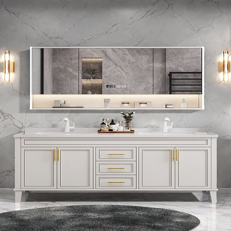 Armoire de salle de bain simple et moderne de style français, 32.28'' H x 78.74'' W x 21.65'' D, Blanc cassé / blanc
