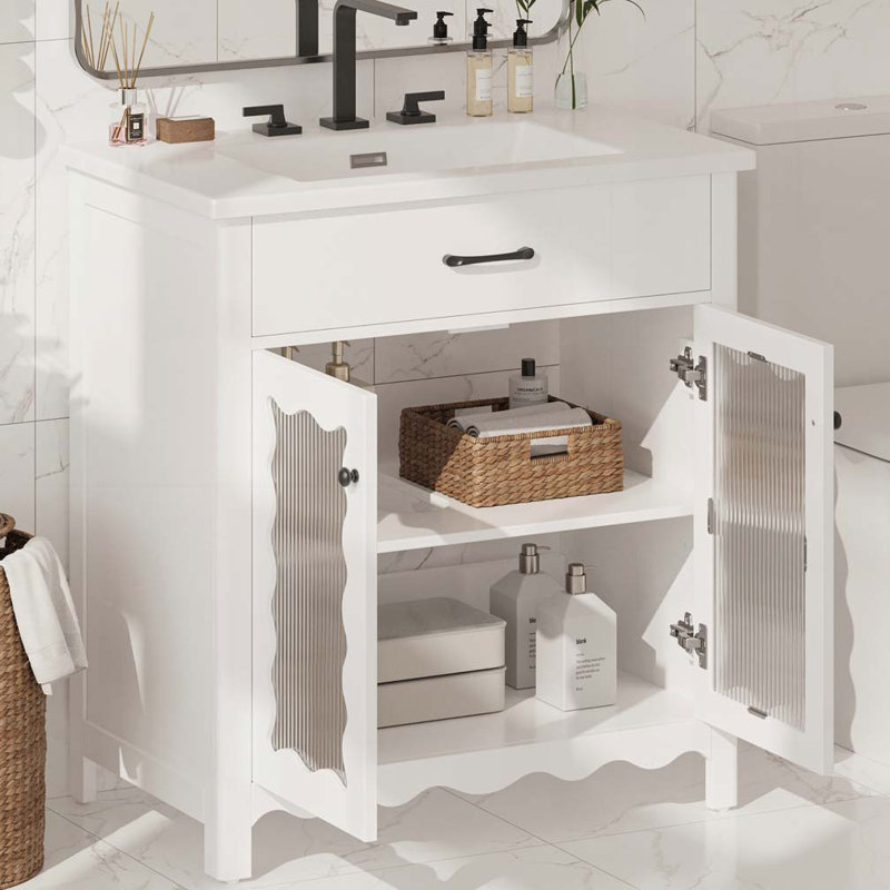 Meuble-lavabo 31 po avec verre trempé, Blanc